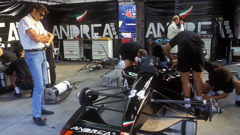 Andrea Moda-Ford team principal Andrea Sassetti in the pits during practice for the 1992 Belgian Grand Prix in Spa-Francorchamps. Photo: Grand Prix Photo
