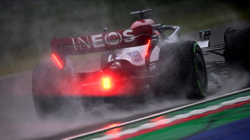 Mercedes of George Russell kicks up spray during the 2022 Emilia Romagna GP