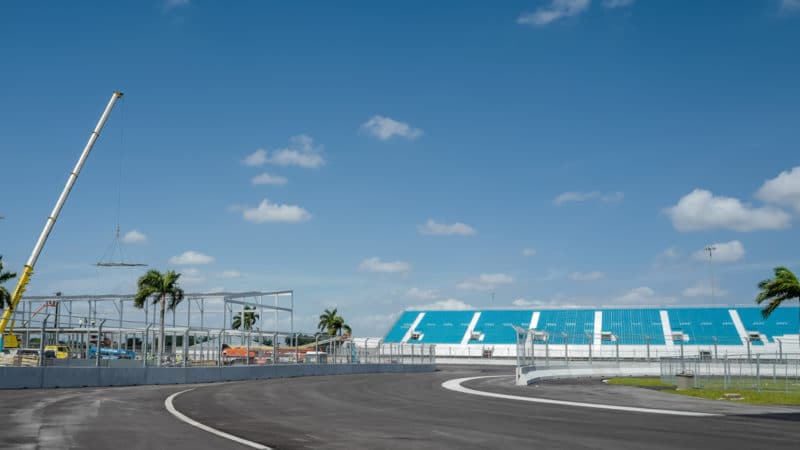 Miami Grand Prix circuit grandstand and crane