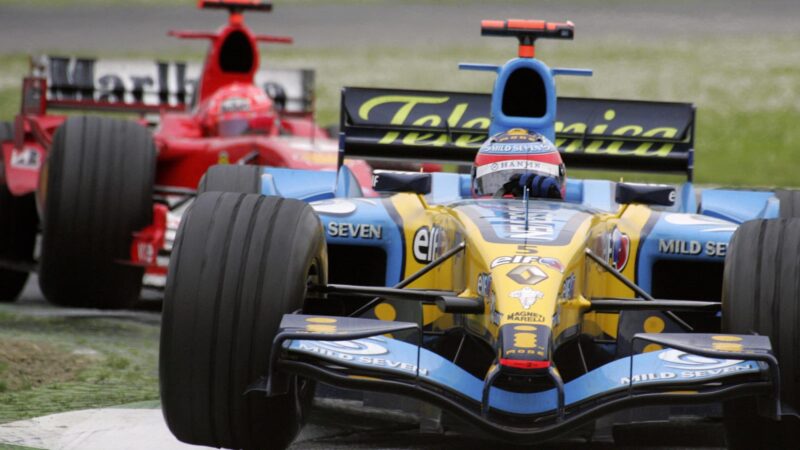 Michael Schumacher chases Fernando Alonso in the 2005 San Marino GP