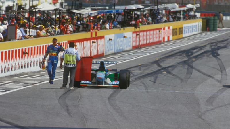 Michael Schumacher stops after red flag at Imola in 1994