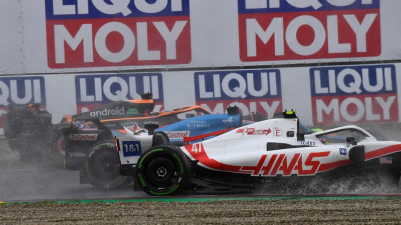 Mick Schumacher hits Fernando Alonso at the 2022 Emilia Romagna GP