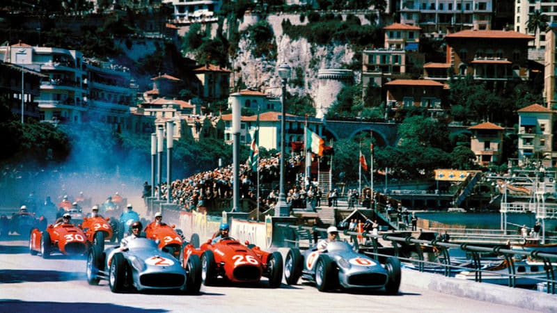 The Start: (l. to r.) Juan Fangio (Mercedes W196), Alberto Ascari (Lancia D50) and Stirling Moss (Mercedes W196) in the front row, Monaco Grand Prix, Monte Carlo. (Photo by Yves Debraine/Klemantaski Collection/Getty Images)