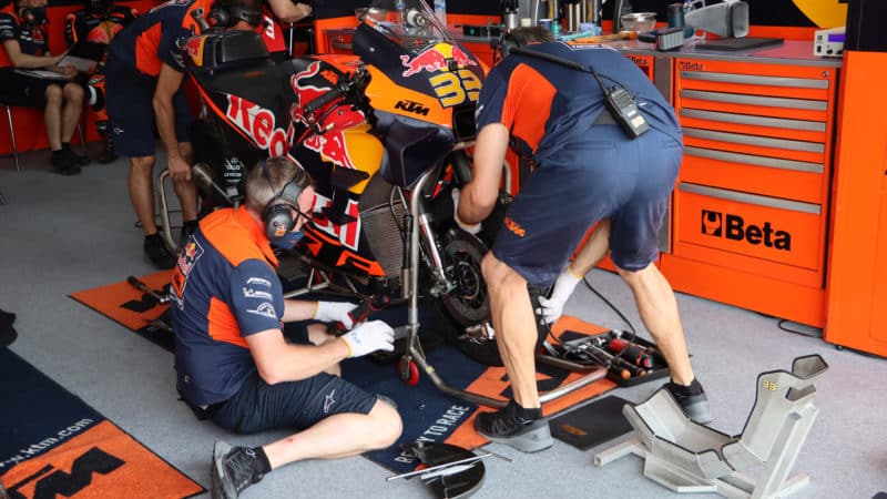 New wheel being fitted to KTM MotoGP bike