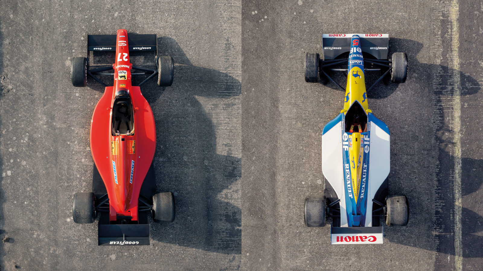 Overhead view of Nigel Mansell Ferrari 640 and Williams FW14