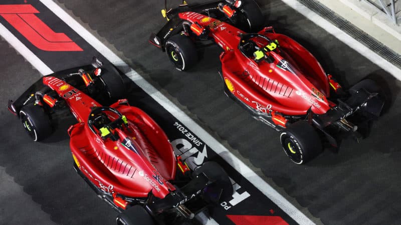Overhead view of two Ferraris at the 2022 Saudi Arabian Grand Prix