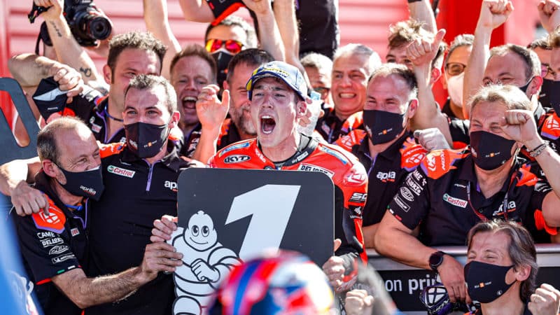 Aleix Espargaro celebrates Argentine GP MotoGP win with Aprilia