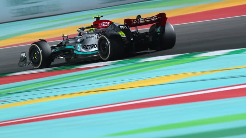 Rear shot of Lewis Hamilton cornering in the 2022 Saudi Arabian Grand Prix