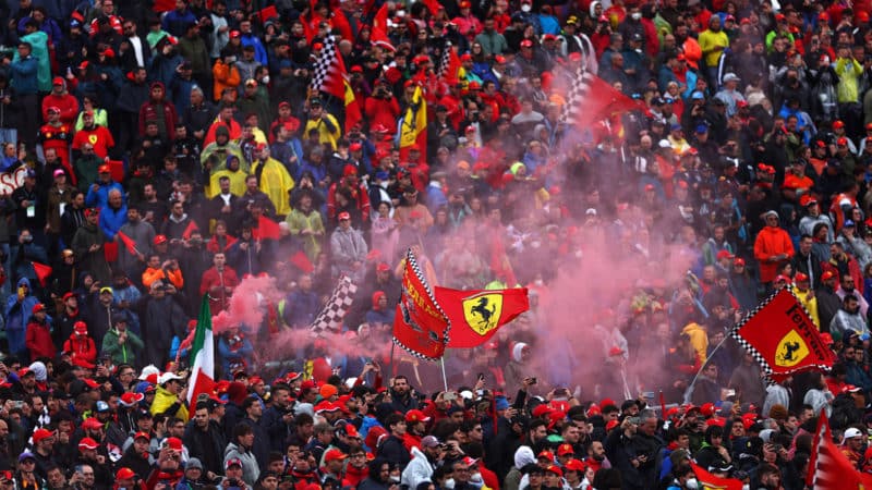 Red smoke from crowds of tifosi at Imola for the 2022 Emilia Romagna GP