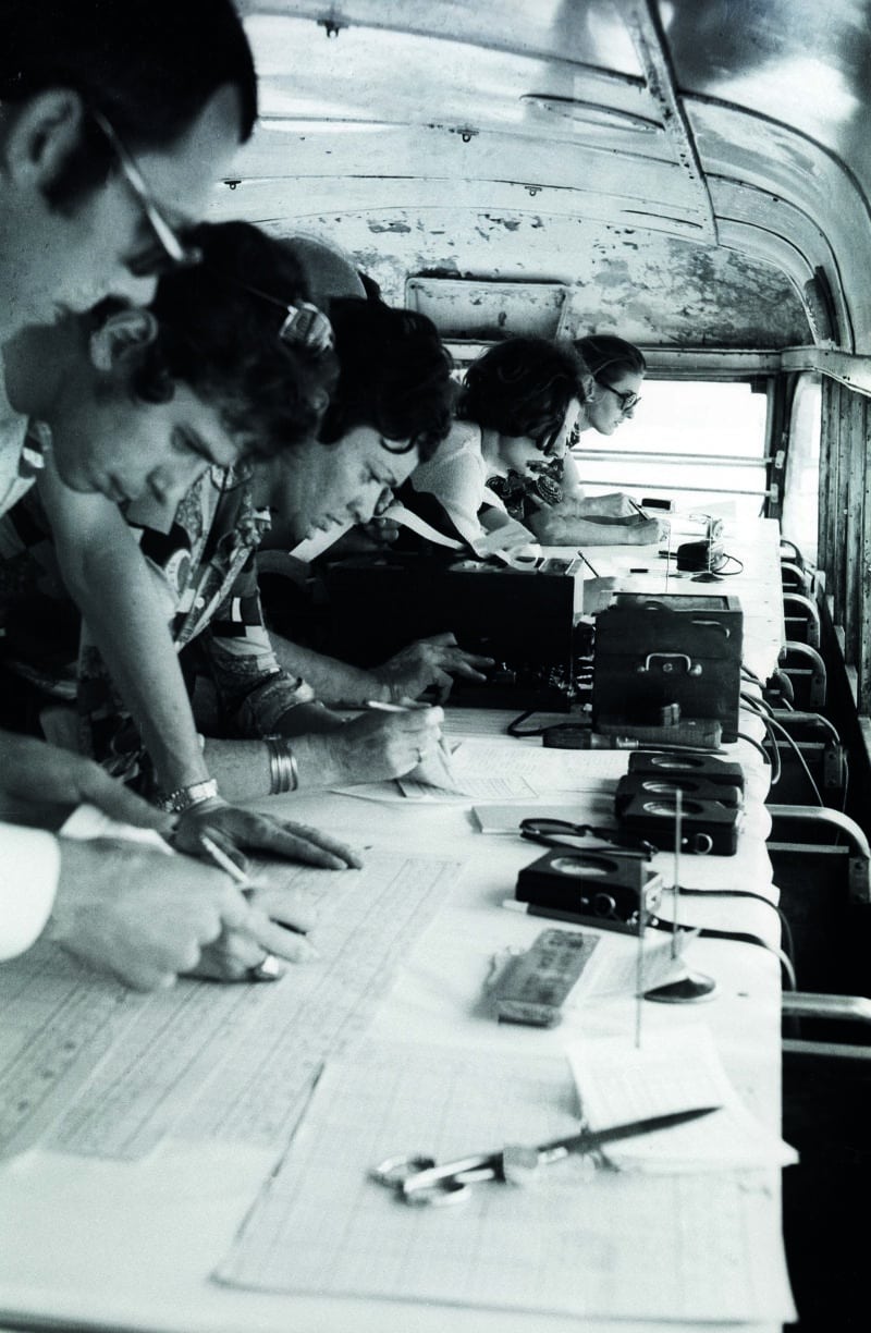 Timekeepers work in a bus at the 1970 Israel Grand Prix
