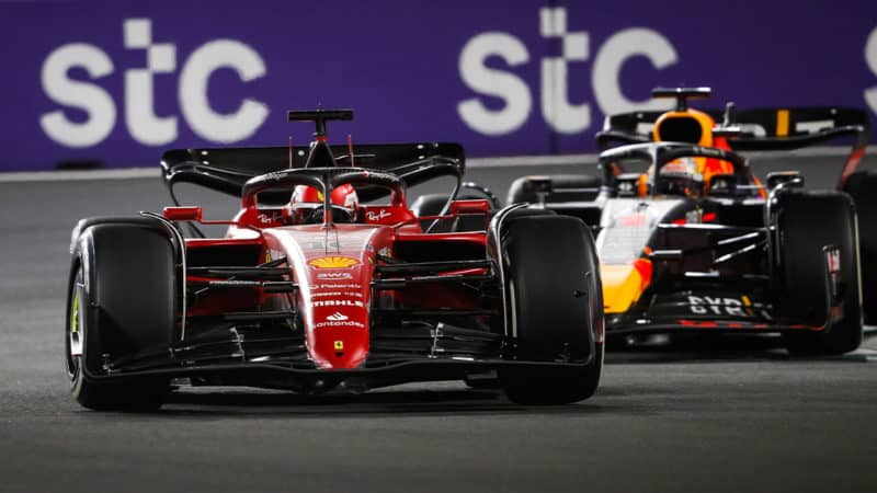 16 LECLERC Charles (mco), Scuderia Ferrari F1-75, 01 VERSTAPPEN Max (nld), Red Bull Racing RB18, action during the Formula 1 STC Saudi Arabian Grand Prix 2022, 2nd round of the 2022 FIA Formula One World Championship, on the Jeddah Corniche Circuit, from March 25 to 27, 2022 in Jeddah, Saudi Arabia - Photo Antonin Vincent / DPPI