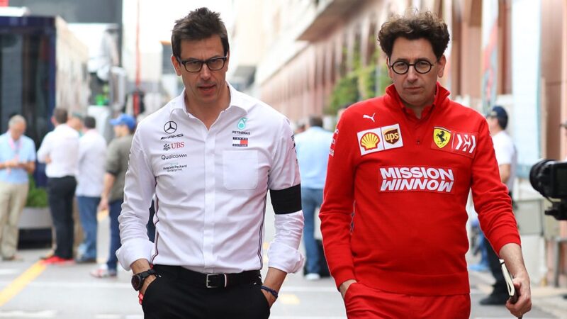 MONTE CARLO, MONACO - 2019/05/25: Team Principal of Mercedes-AMG Petronas Motorsport Executive Director Torger Christian Toto Wolff (L) and Ferrari Team Principal Mattia Binotto of Scuderia Ferrari (R) in the paddock during the F1 Grand Prix of Monaco. (Photo by Marco Canoniero/LightRocket via Getty Images)