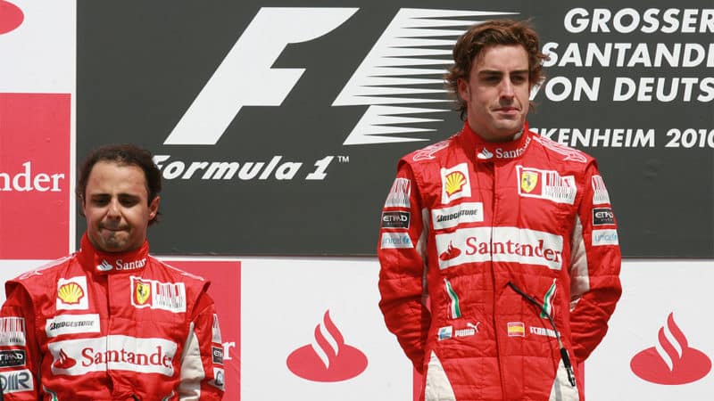 Felipe Massa and Fernando Alonso (both Ferrari) on the podium after the 2010 German Grand Prix in Hockenheim. Photo: Grand Prix Photo
