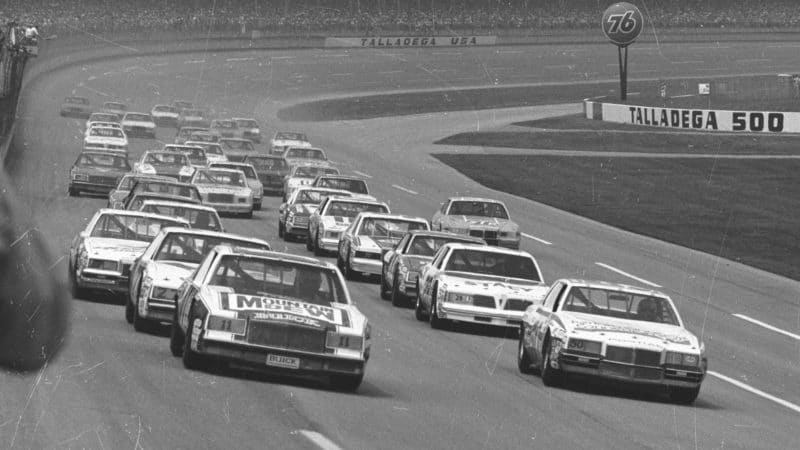 TALLADEGA, AL - AUGUST 1, 1982: Geoff Bodine (No. 50) and Talladega 500 winner Darrell Waltrip pace the field on August 1, 1982 at the Talladega Speedway in Talladega, Alabama. (Photo by ISC Archives/CQ-Roll Call Group via Getty Images)
