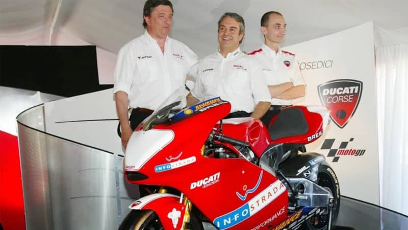 Ducati launches its first MotoGP bike, Mugello, May 30, 2002. CEO Claudio Domenicali is on the right Dorna