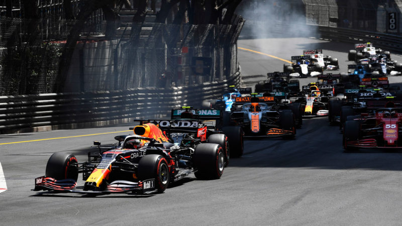 Max Verstappen (Red Bull-Honda) leads the field into the first corner after the start of the 2021 Monaco Grand Prix in Monte Carlo. Photo: Grand Prix Photo