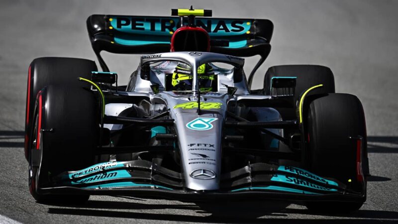 BARCELONA, SPAIN - MAY 22: Lewis Hamilton of Great Britain driving the (44) Mercedes AMG Petronas F1 Team W13 on track during the F1 Grand Prix of Spain at Circuit de Barcelona-Catalunya on May 22, 2022 in Barcelona, Spain. (Photo by Clive Mason/Getty Images)