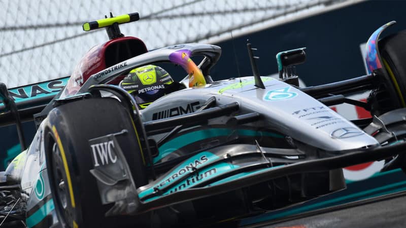 Lewis hamilton in his Mercedes F1 car at the 2022 Miami GP