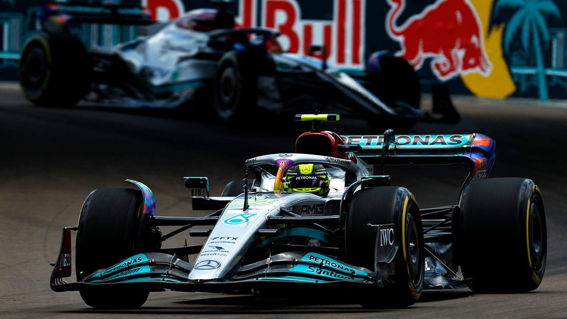 MIAMI, FLORIDA - MAY 07: Lewis Hamilton of Great Britain driving the (44) Mercedes AMG Petronas F1 Team W13 on track during final practice ahead of the F1 Grand Prix of Miami at the Miami International Autodrome on May 07, 2022 in Miami, Florida. (Photo by Jared C. Tilton/Getty Images)