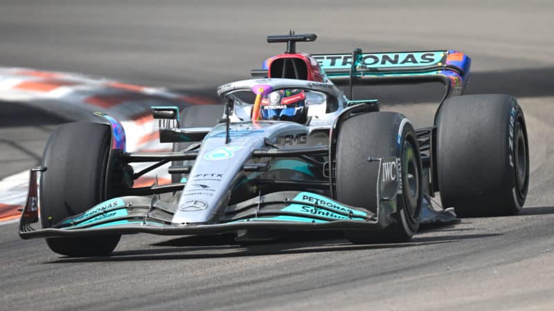 MIAMI GARDENS, FL - MAY 08: Mercedes-AMG Petronas driver George Russell during the Formula 1 CRYPTO.COM Miami Grand Prix on May 8, 2022 at Miami Autodrome in Miami Gardens, FL. (Photo by Doug Murray/Icon Sportswire via Getty Images)