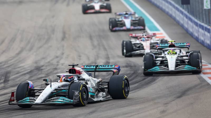 George Russell Lewis Hamilton racing at 2022 Miami GP