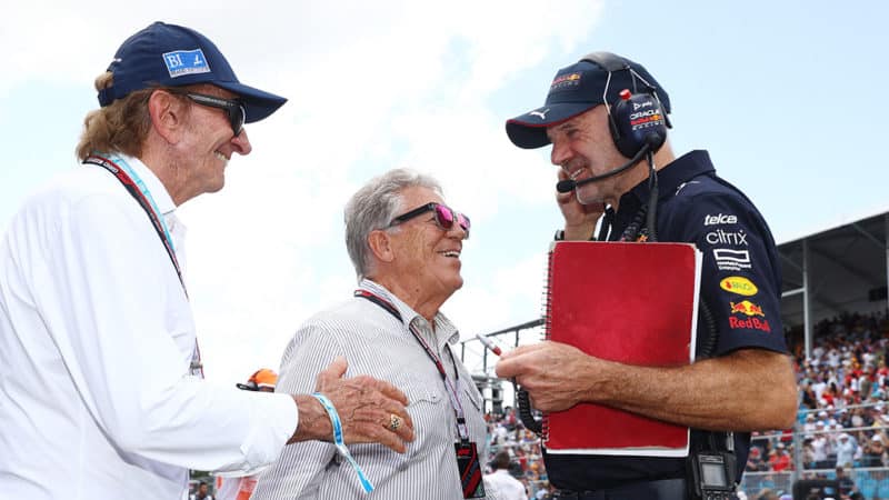 MIAMI, FLORIDA - MAY 08: Emerson Fittipaldi, Mario Andretti and Adrian Newey, the Chief Technical Officer of Red Bull Racing talk on the grid during the F1 Grand Prix of Miami at the Miami International Autodrome on May 08, 2022 in Miami, Florida. (Photo by Dan Istitene - Formula 1/Formula 1 via Getty Images)