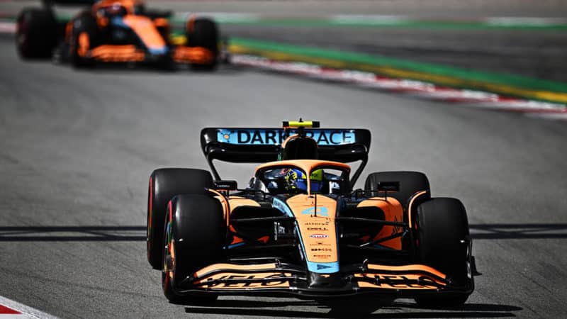 BARCELONA, SPAIN - MAY 22: Lando Norris of Great Britain driving the (4) McLaren MCL36 Mercedes leads Daniel Ricciardo of Australia driving the (3) McLaren MCL36 Mercedes during the F1 Grand Prix of Spain at Circuit de Barcelona-Catalunya on May 22, 2022 in Barcelona, Spain. (Photo by Clive Mason/Getty Images)