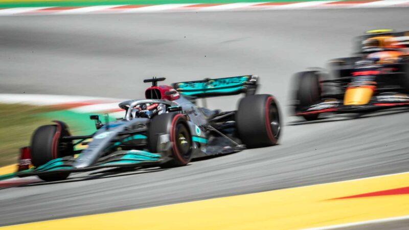 BARCELONA, SPAIN - MAY 22: George Russel (GBR) Mercedes AMG F1 Team, Mercedes-AMG F1 W13 E Performance celebrate during the F1 World Championship Grand Prix of Spain on May 22, 2022 in Barcelona, Spain. (Photo by Cristiano Barni ATPImages/Getty Images)