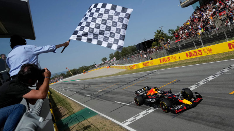 Red Bull's Dutch driver Max Verstappen crosses the finish line in first place during the Spanish Formula One Grand Prix at the Circuit de Catalunya on May 21, 2022 in Montmelo, on the outskirts of Barcelona. (Photo by Manu Fernandez / POOL / AFP) (Photo by MANU FERNANDEZ/POOL/AFP via Getty Images)
