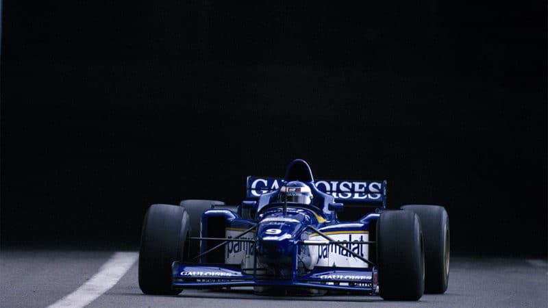 Olivier Panis drives the #9 Equipe Ligier Gauloises Blondes Ligier JS43 Mugen-Honda 3.0 V10 to victory at the Grand Prix of Monaco on 19th May 1996 on the streets of the Principality of Monaco in Monte Carlo, Monaco.(Photo by Pascal Rondeau/Getty Images)