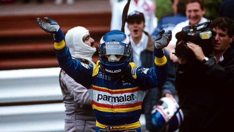 Olivier Panis, Grand Prix of Monaco, Circuit de Monaco, 19 May 1996. Olivier Panis celebrating his victory in the 1996 Monaco Grand Prix. (Photo by Paul-Henri Cahier/Getty Images)