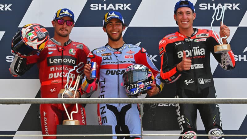 Bastianini Miller and Espargaro on the podium after the 2022 MotoGP French Grand Prix