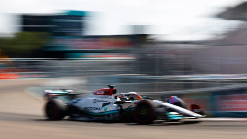 Blurred photo of George Russell Mercedes at the 2022 Miami Grand Prix