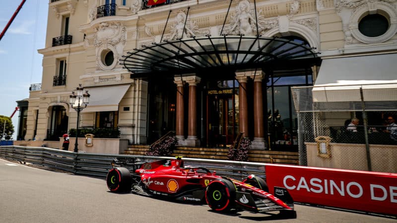 Carlos Sainz drives past the Monte Carlo Casino in F1 qualifying for the Monaco GP