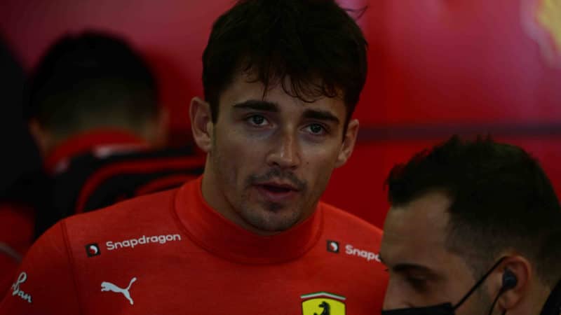 Charles Leclerc in the Ferrari pit after retiring from the Spanish GP