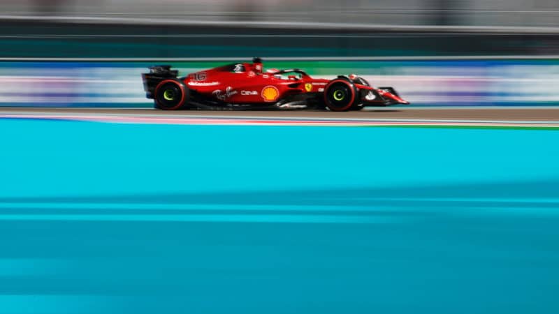 Charles Leclerc speeding past in qualifying for the 2022 Miami Grand Prix