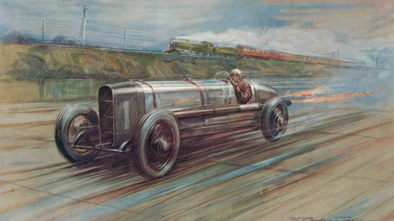 F Gordon Crosby painting of Kenelm Lee Guinness 350hp Sunbeam and steam train at Brooklands