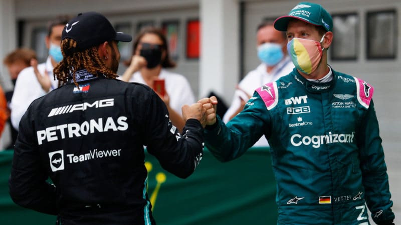 Fist bump between Lewis Hamilton and Sebastian Vettel at the 2021 Hungarian Grand Prix