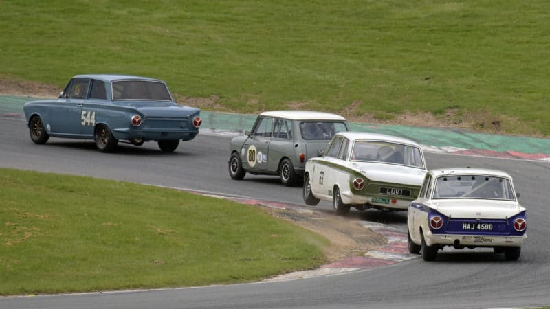 Ford Cortinas and Mini during Brands Hatch HSCC race