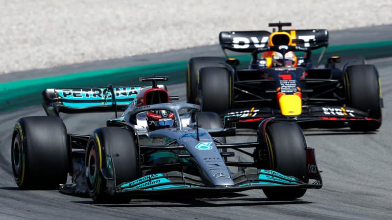 George Russell ahead of Max Verstappen in the 2022 Spanish Grand Prix