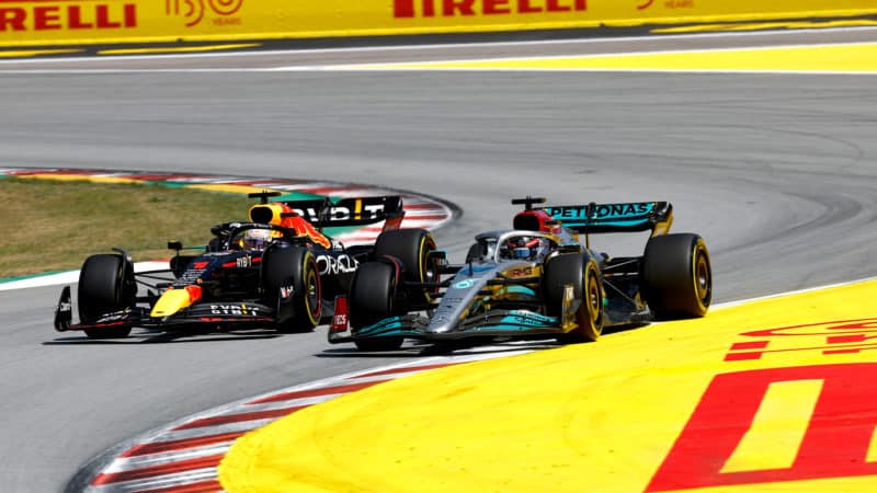 George Russell and Max Verstappen side by side in the 2022 Spanish Grand Prix