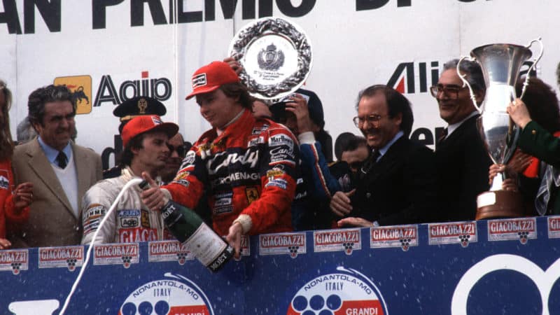 Gilels Villeneuve and Didier Pironi on the podium at 1982 San MArino GP