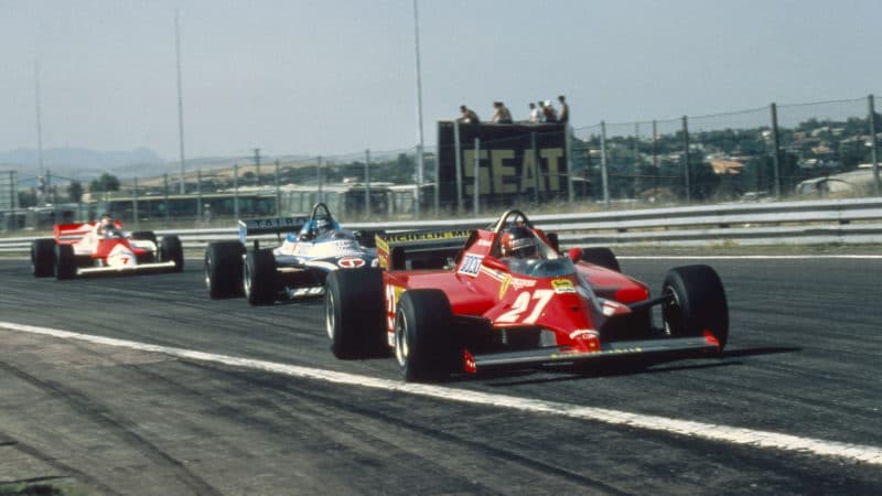 Gilles Villeneuve leads for Ferrari in the 1981 Spanish Grand Prix at Jarama