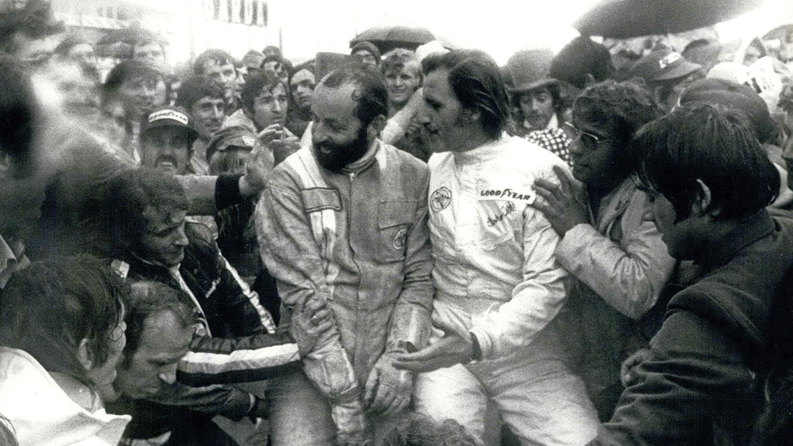Henri Pescarolo and Graham Hill celebrate winning thr 1972 Le Mans 24 Hours