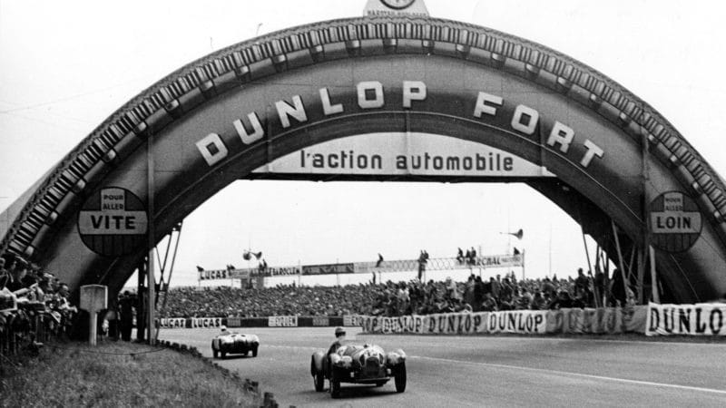 Jowett Jupiter R1 under the Dunlop Bridge at the 1952 Le Mans 24 Hours