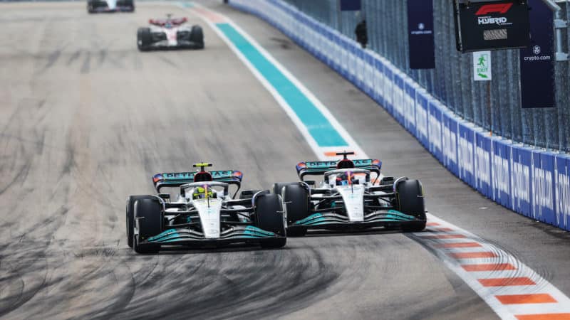 Lewis Hamilton and George Russell on track in the 2022 Miami Grand Prix