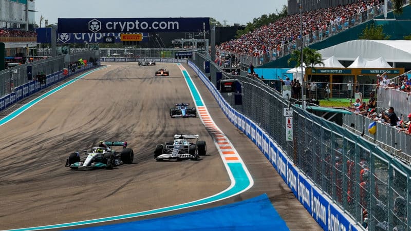 Lewis Hamilton passes Pierre Gasly in the 2022 Miami Grand Prix