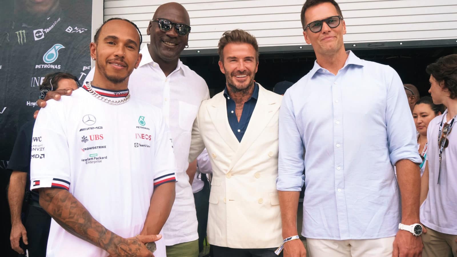 Lewis Hamilton with Michael Jordan David BEckham and Tom BRady at the 2022 Miami Grand Prix