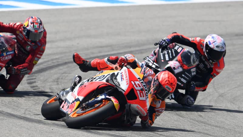 Marc Marquez slides in the 2022 MotoGP Spanish GP