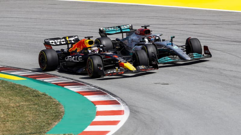Max Verstappen and George Russell battle for position in the 2022 Spanish Grand Prix